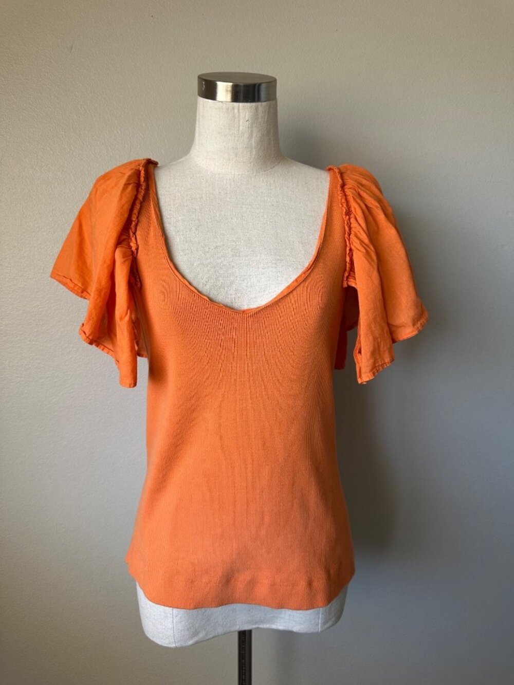Maeve Pullover Ribbed Blouse V Neck Flowy Ruffle Sleeves Stretchy Cotton Orange